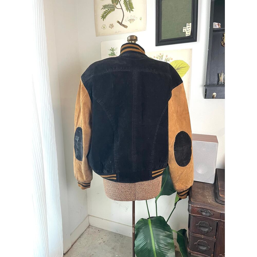 Avalanche Mens Large Leather Varsity Bomber Jacket Black Tan Grunge Western Y2K - Picture 2 of 6